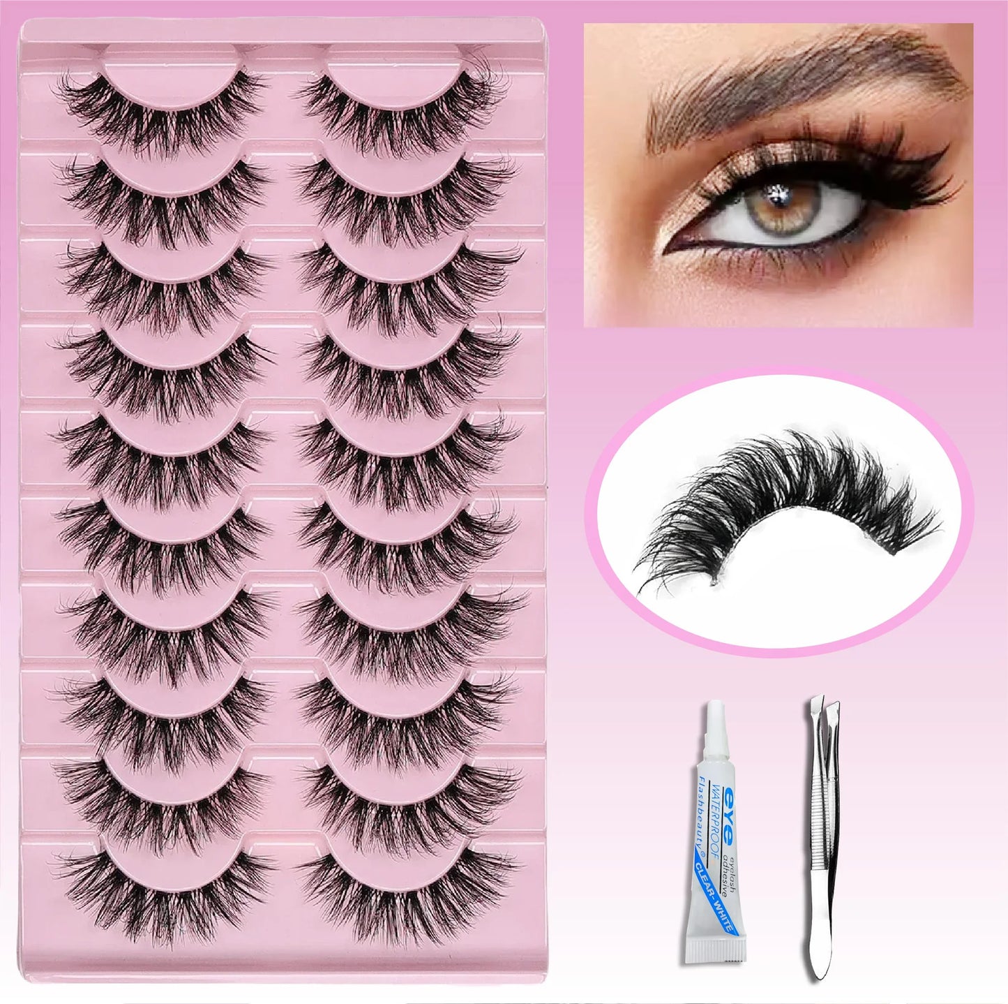 False Eyelashes Russian Strip Lashes Extension D-Curl Faux Mink Lashes 3D Effect False Eyelashes 10 Pairs