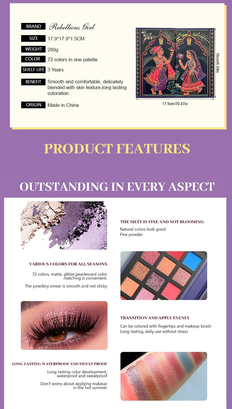 72 Colors Glitter Eyeshadow Palette Matte Waterproof Long Lasting Pressed Powder Cosmetics Kit Fashion Women Eye MakeUp Pallet